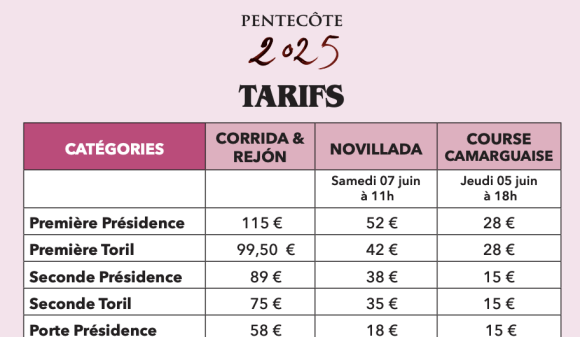 Les tarifs des places à l'unité de la Feria de Pentecôte